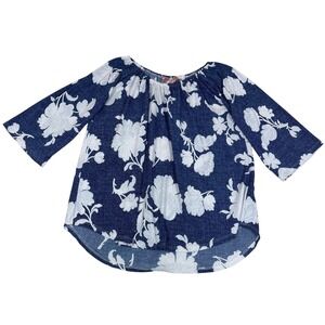 Amana Women Blue White Floral 3/4 Sleeve Scoop Neck Blouse Cottagecore Small